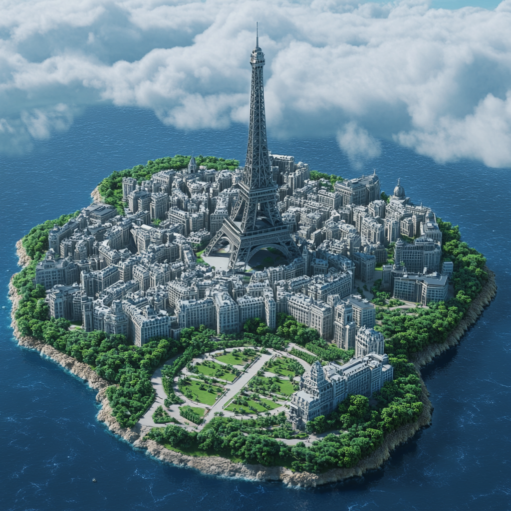 A French city on tropical island, shaped like Paris.