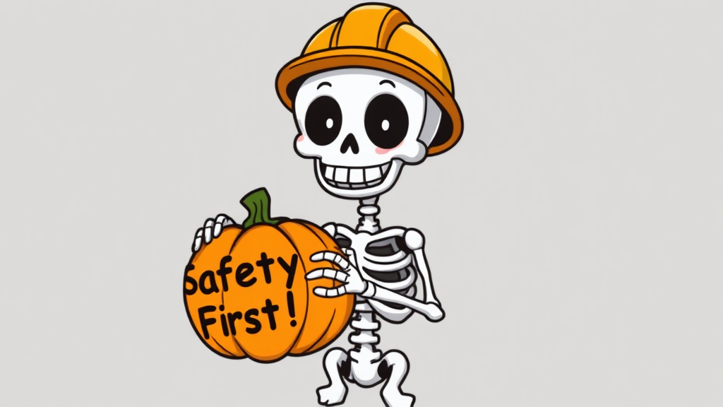 A Friendly Skeleton with Safety Helmet and Pumpkin.