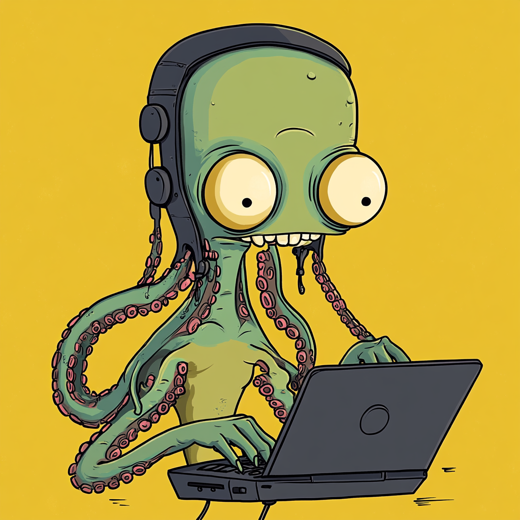 A Funny Alien Working on Laptop with Tentacles