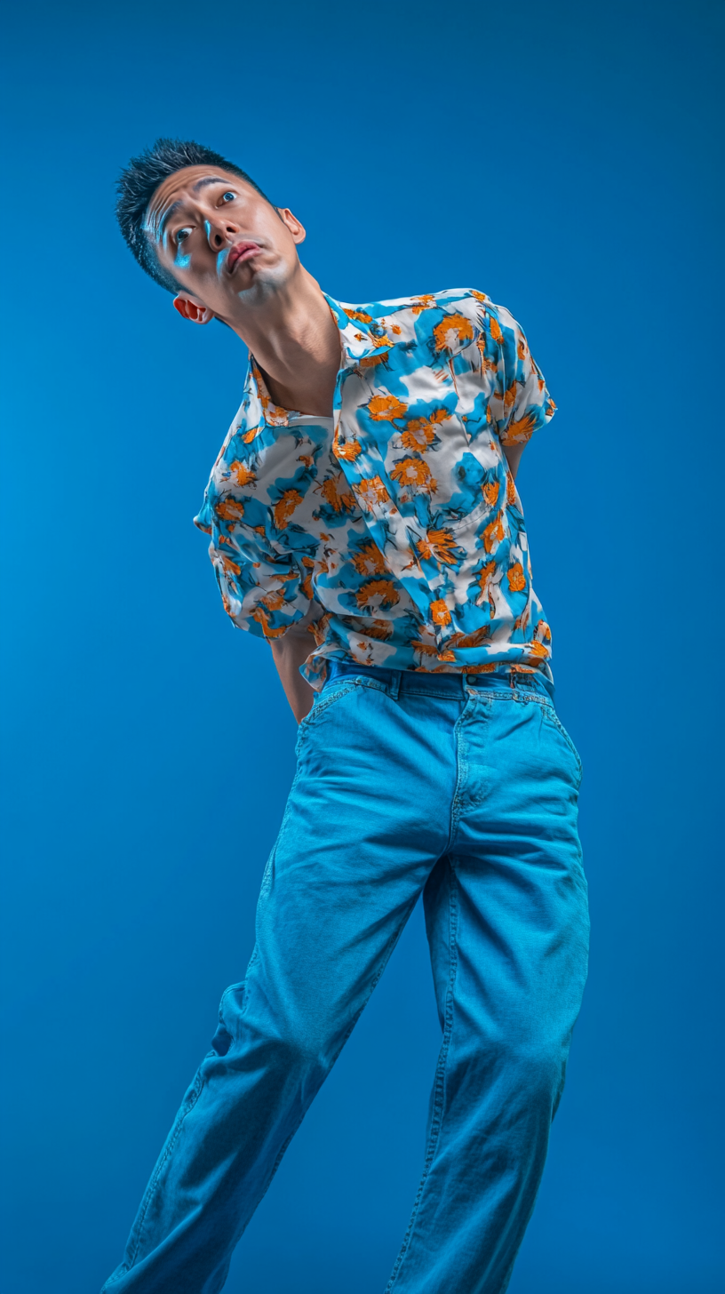 A Funny Curious Asian Man in Blue Pants