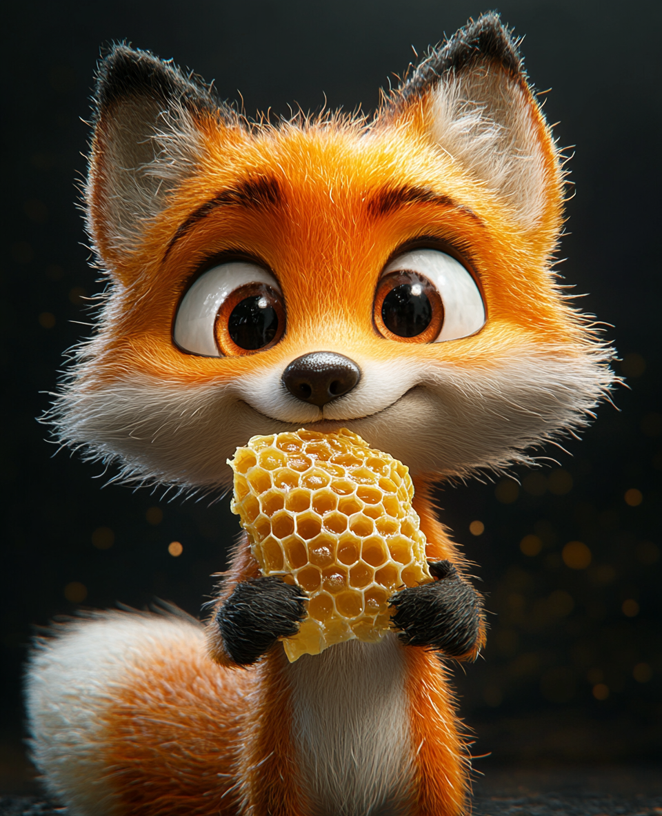 A Funny Fox Eating Honeycomb in Cartoon Style