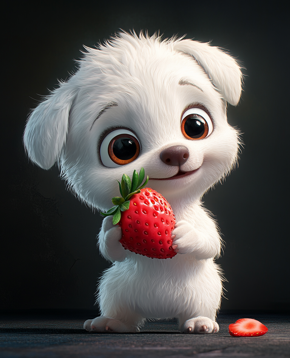 A Funny Puppy Eating a Strawberry Cartoon Style