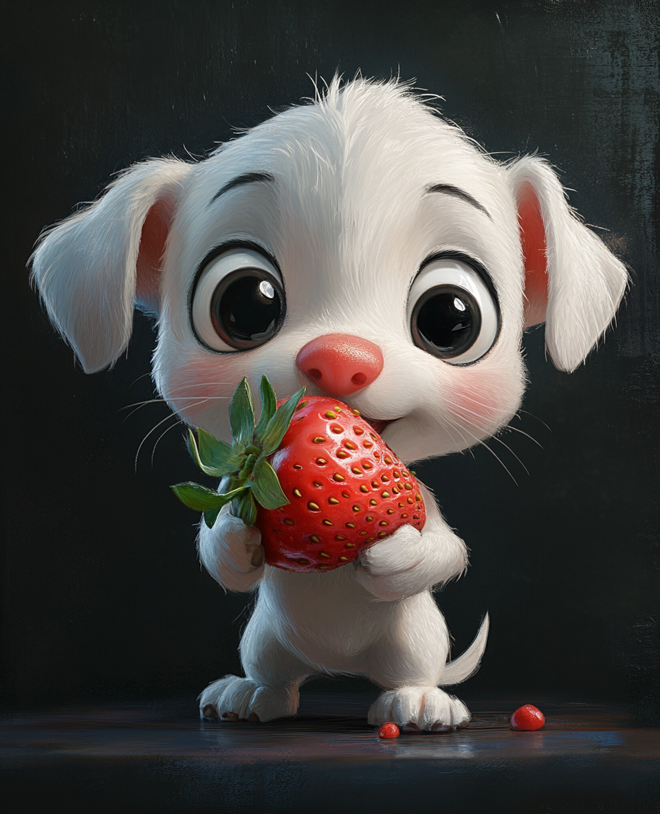 A Funny White Puppy Eating a Strawberry