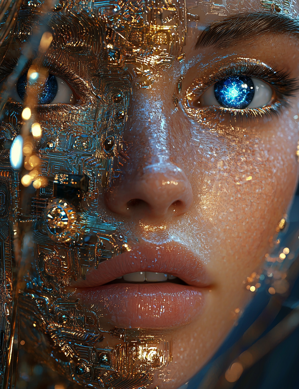 A Futuristic AI Goddess with Blue and Gold Details