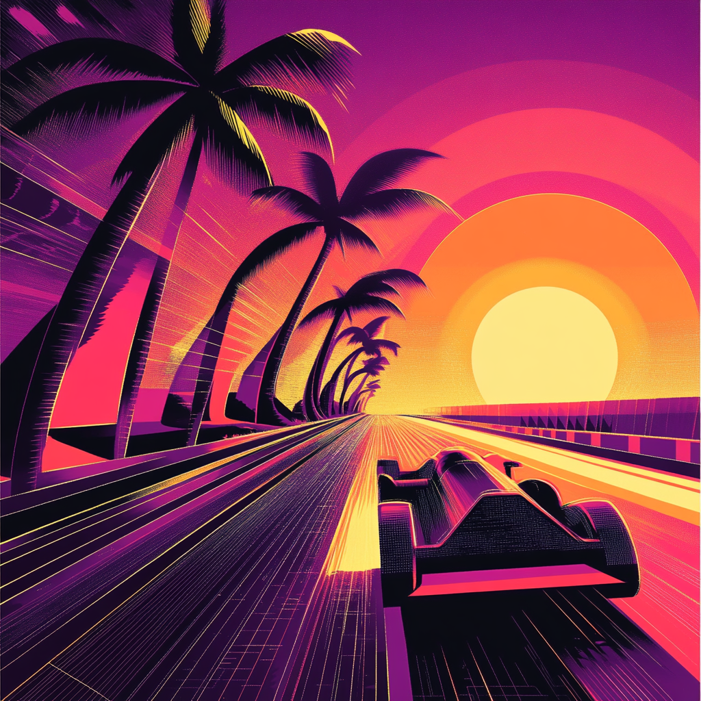 A Futuristic Car Racing in Retro Neon Sunset