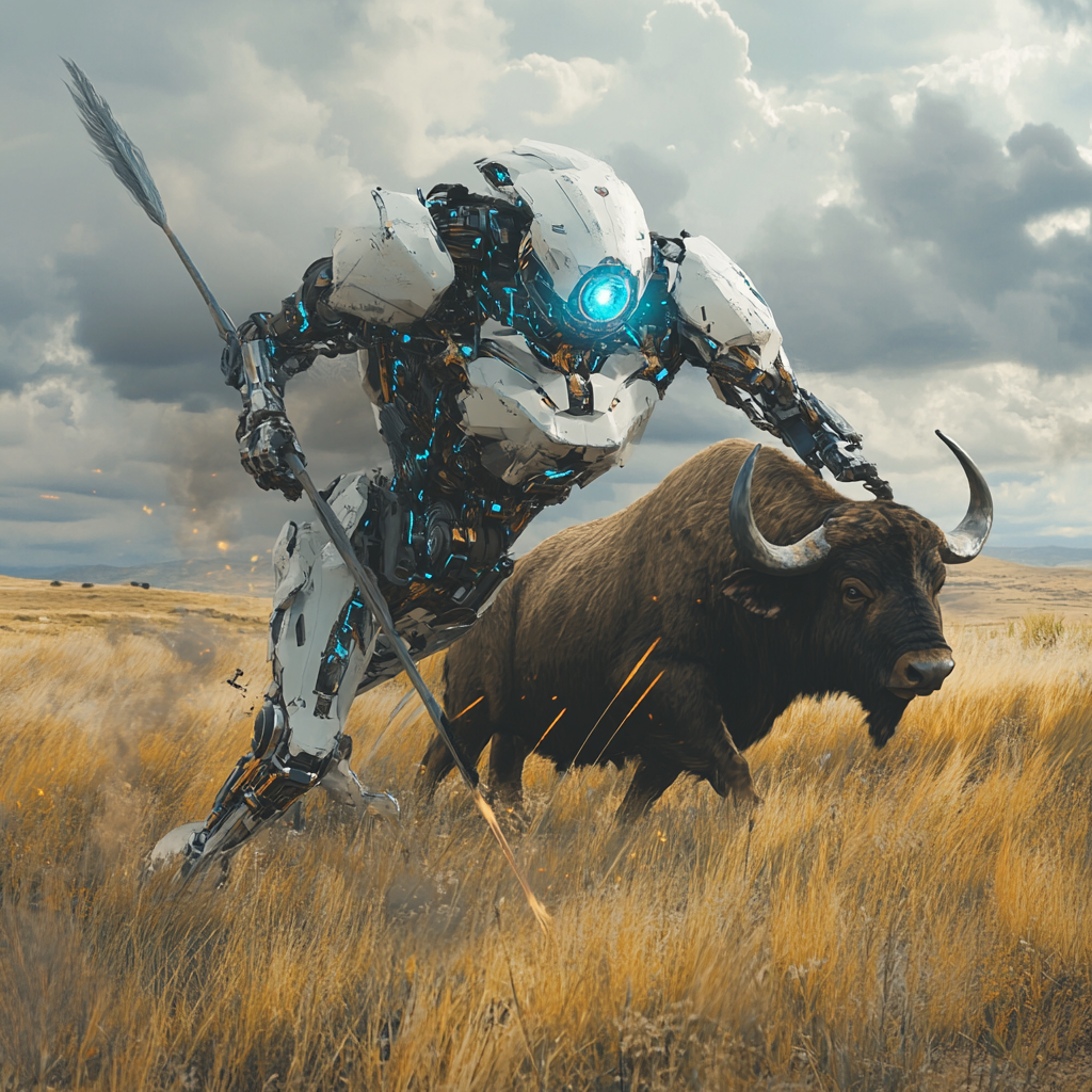 A Futuristic Robot Rabbit Hunting Buffalo in Plains