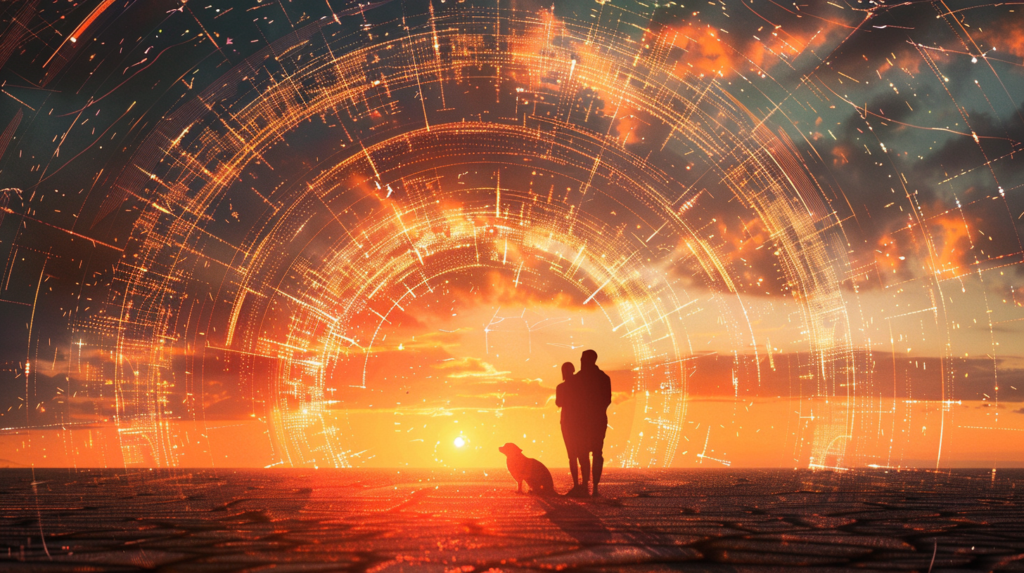 A Futuristic Sunrise with Digital Family Scenes