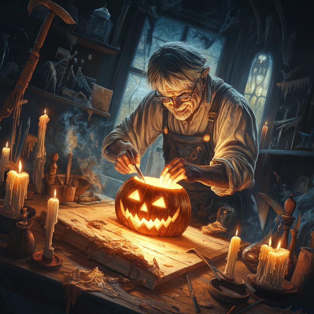 A Ghostly Carpenter Carving a Spooky Jack-o'-Lantern