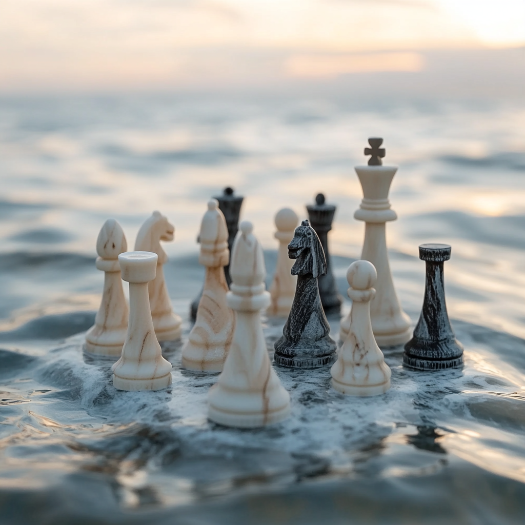 A Giant Chessboard Ship Sailing Through Dreamy Ocean.