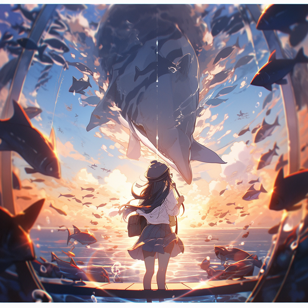 A Giant Shark Swimming with Girl at Sunset