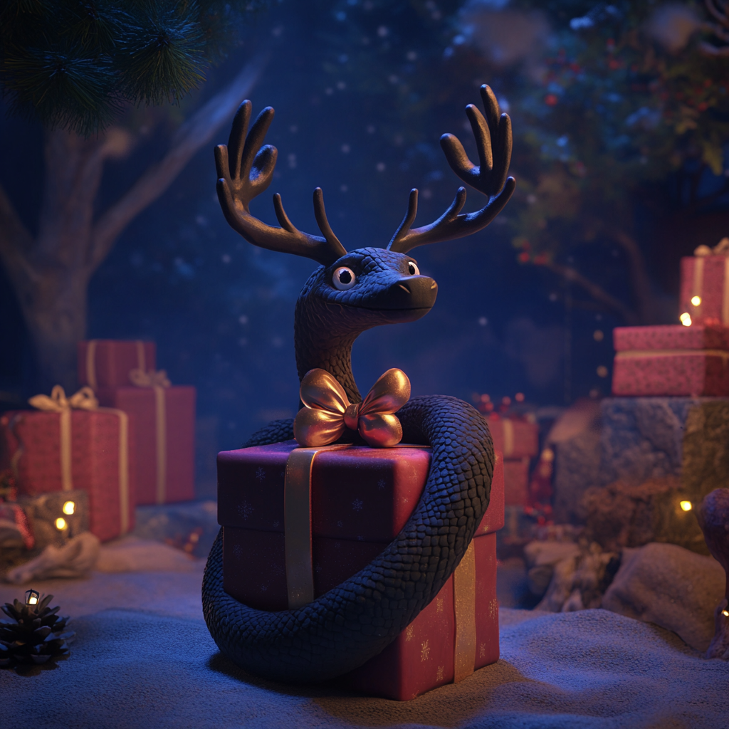 A Giant Snake with Reindeer Antlers on Presents