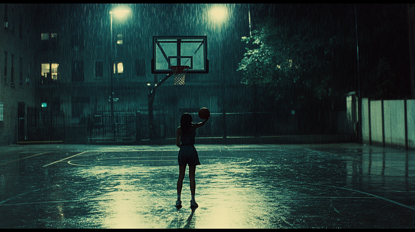 A Girl's Solo Nighttime Basketball Practice