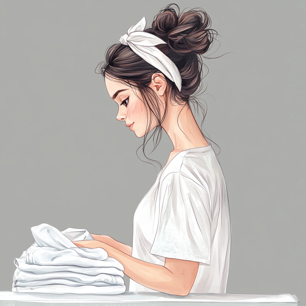 A Girl Folding Laundry with Watercolor Illustration