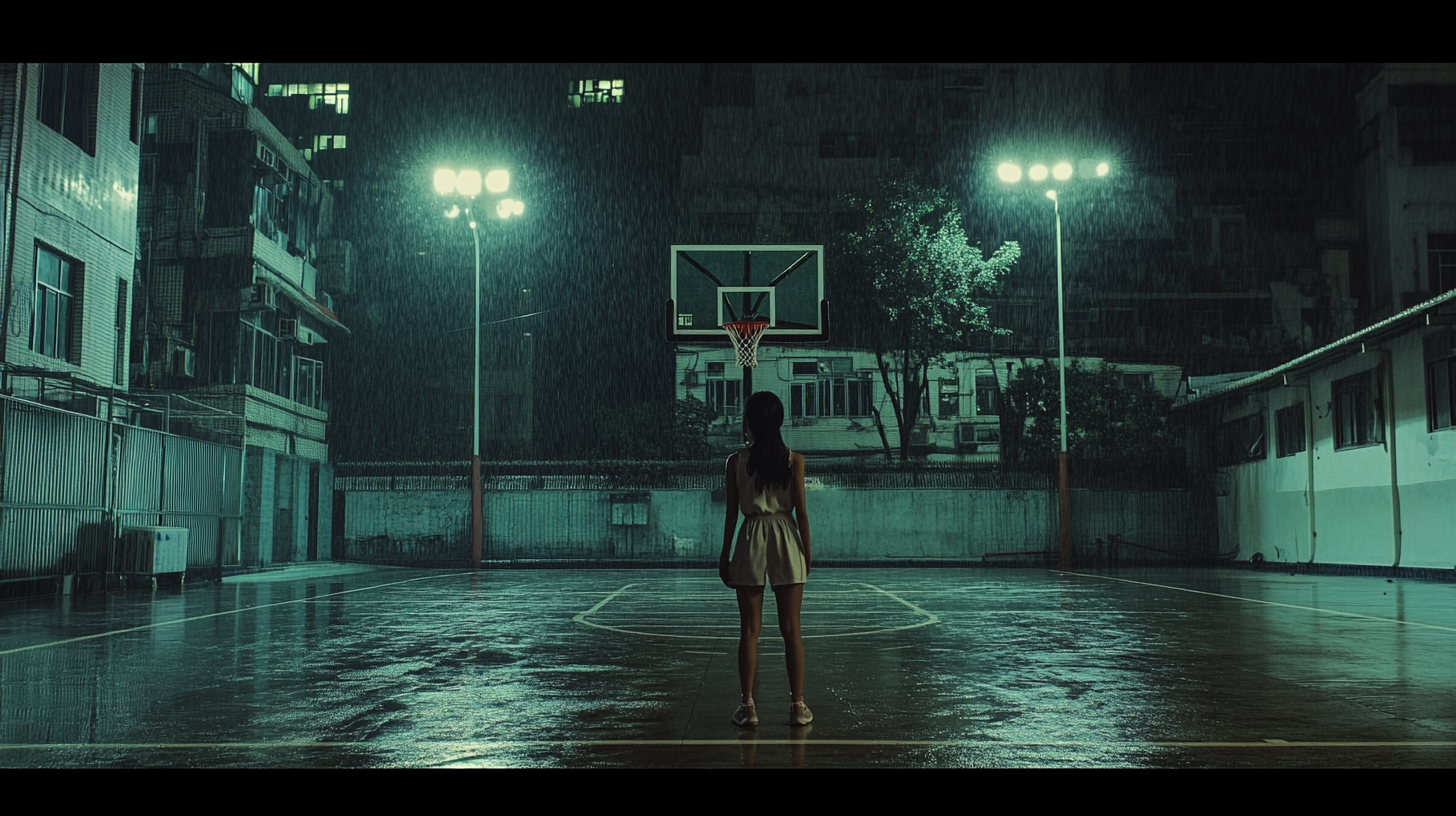 A Girl Practicing Basketball Alone at Night