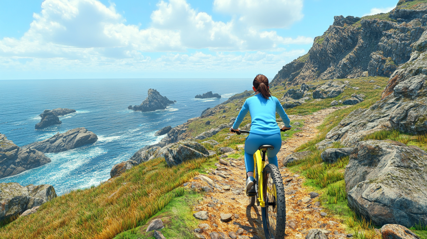 A Girl Riding a Yellow Bike Up Hill