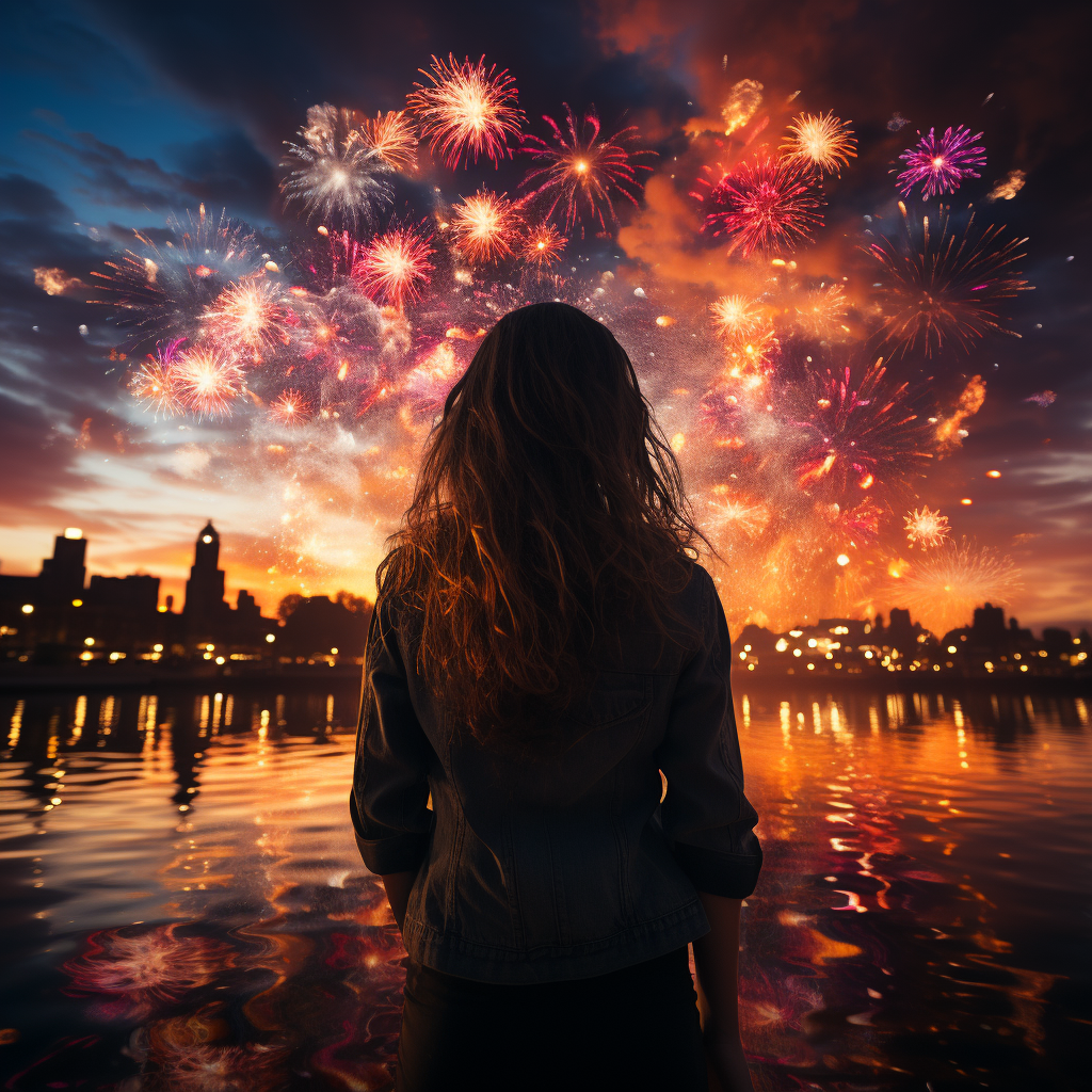 A Girl Watching Glowing Fireworks in Night Sky