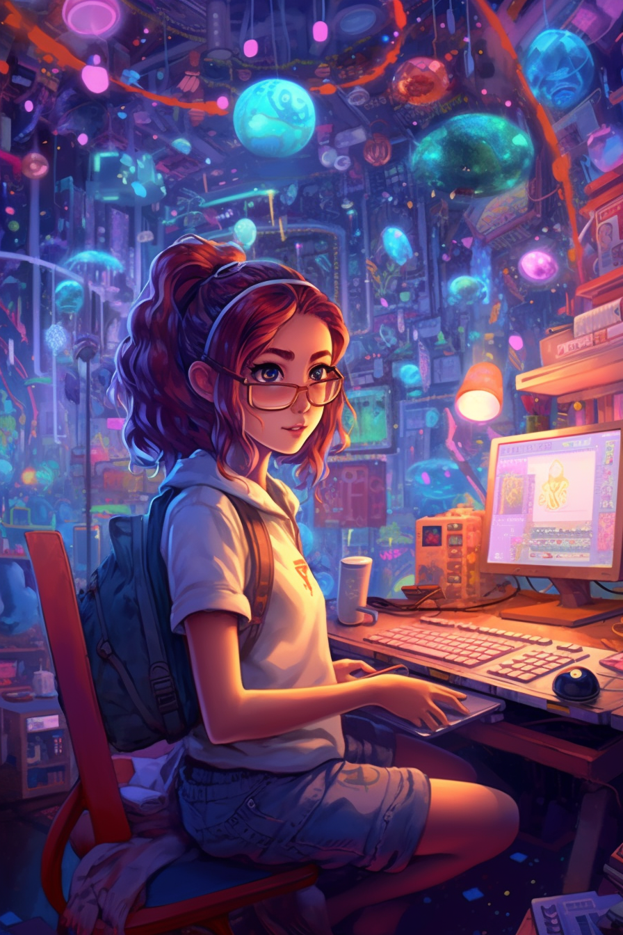 A Girl in Enchanting Futuristic Computer Wonderland