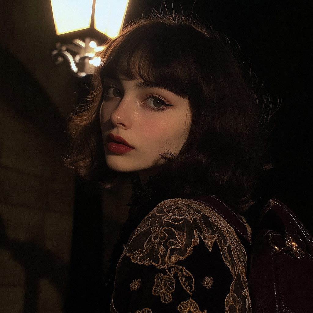 A Girl in Vintage Fairy Outfit Under Street Lamp