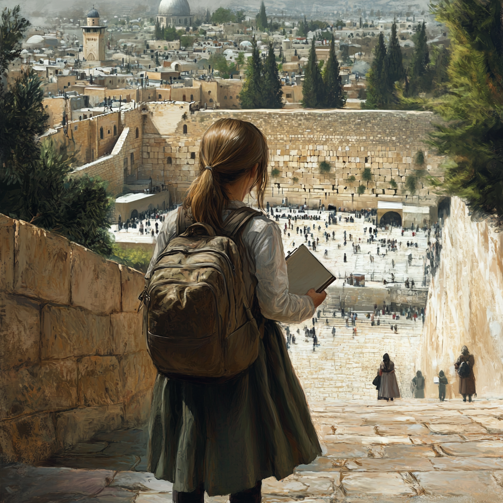 A Girl with Ponytail Facing Western Wall