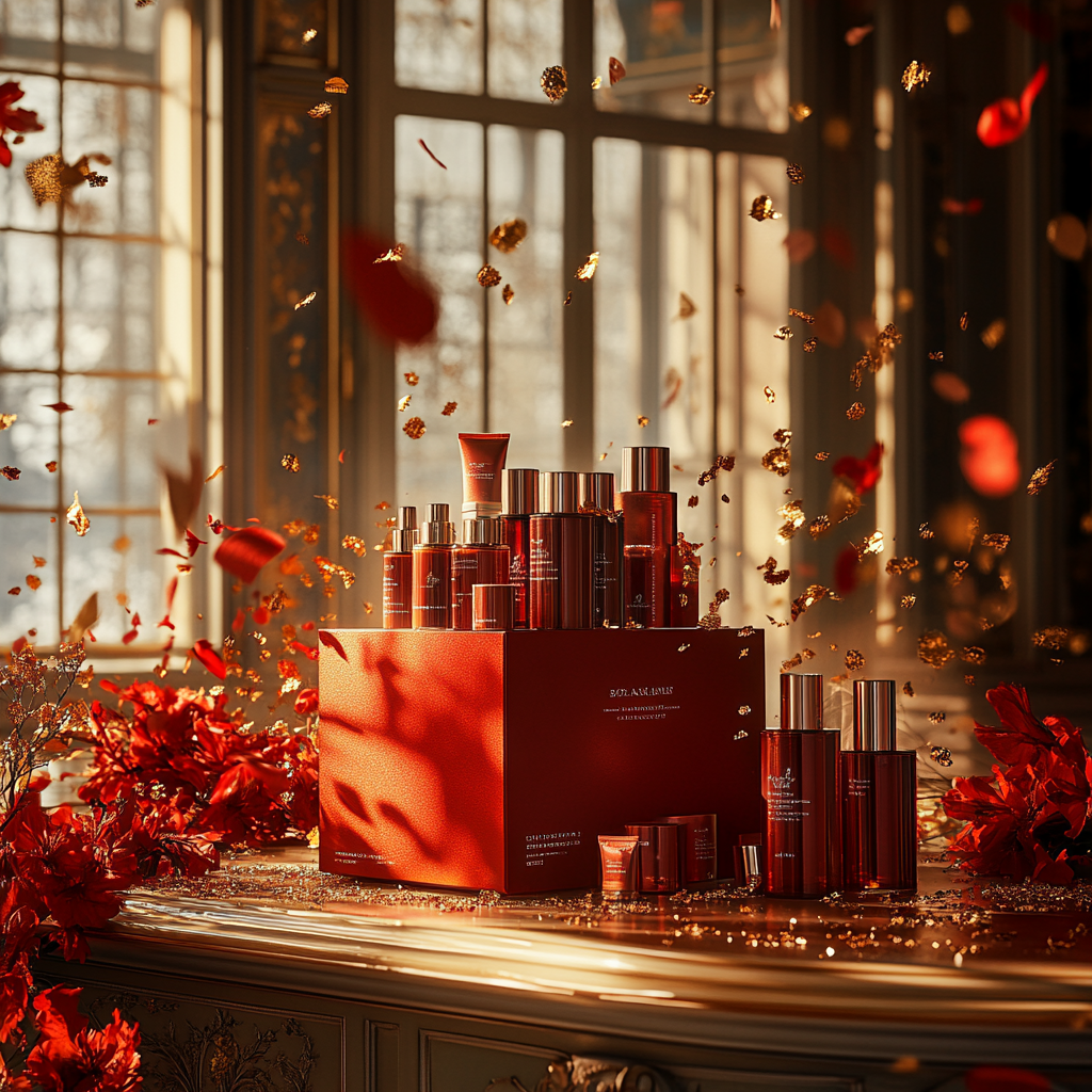 A Glamorous Beauty Product Showcase in Gold Room