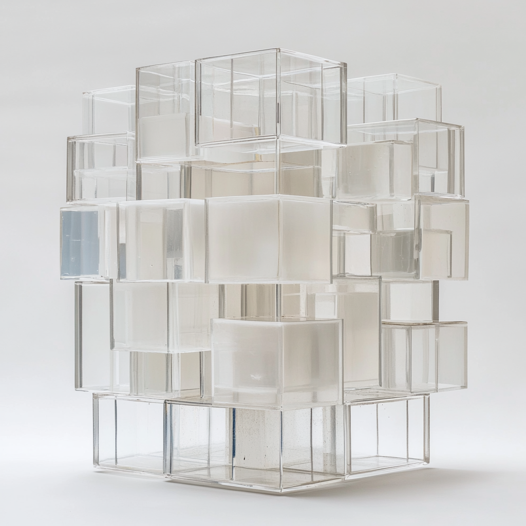 A Glass Cube with Transparent Boxes Installation