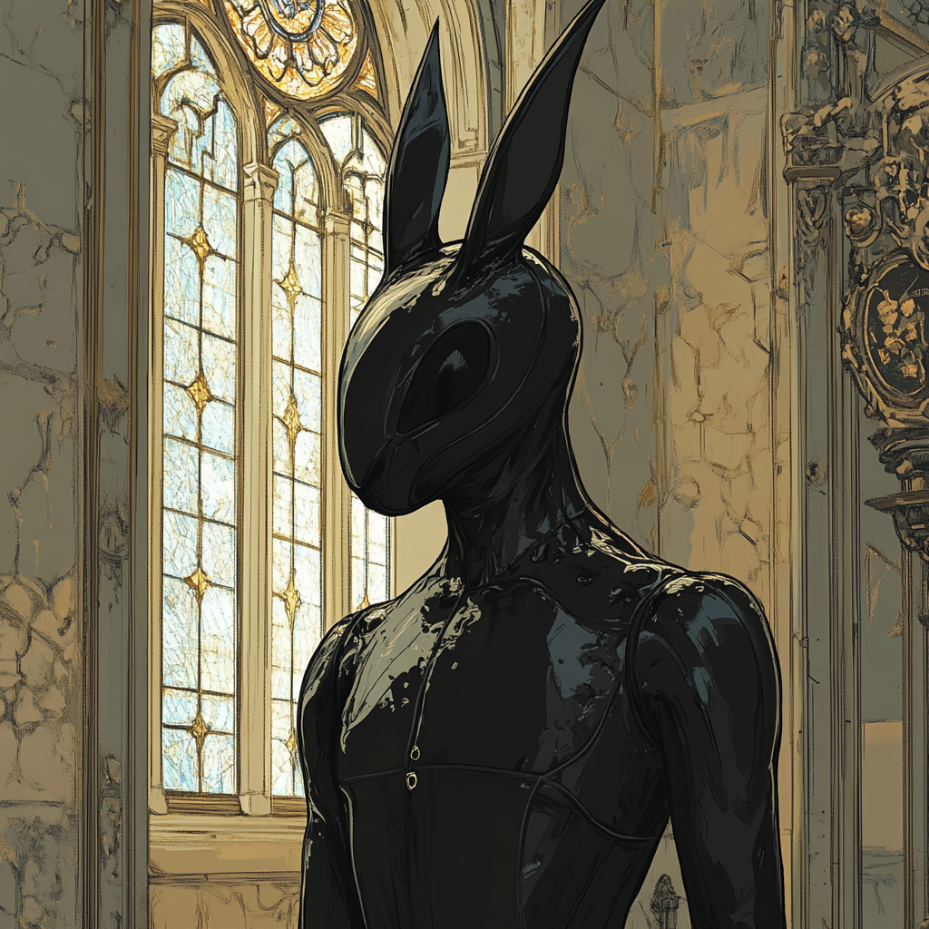 A Glossy Rabbit in Latex Suit at Abandoned Cathedral