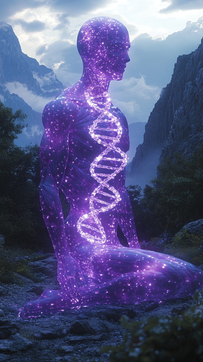 A Glowing Purple Being Holding Floating DNA