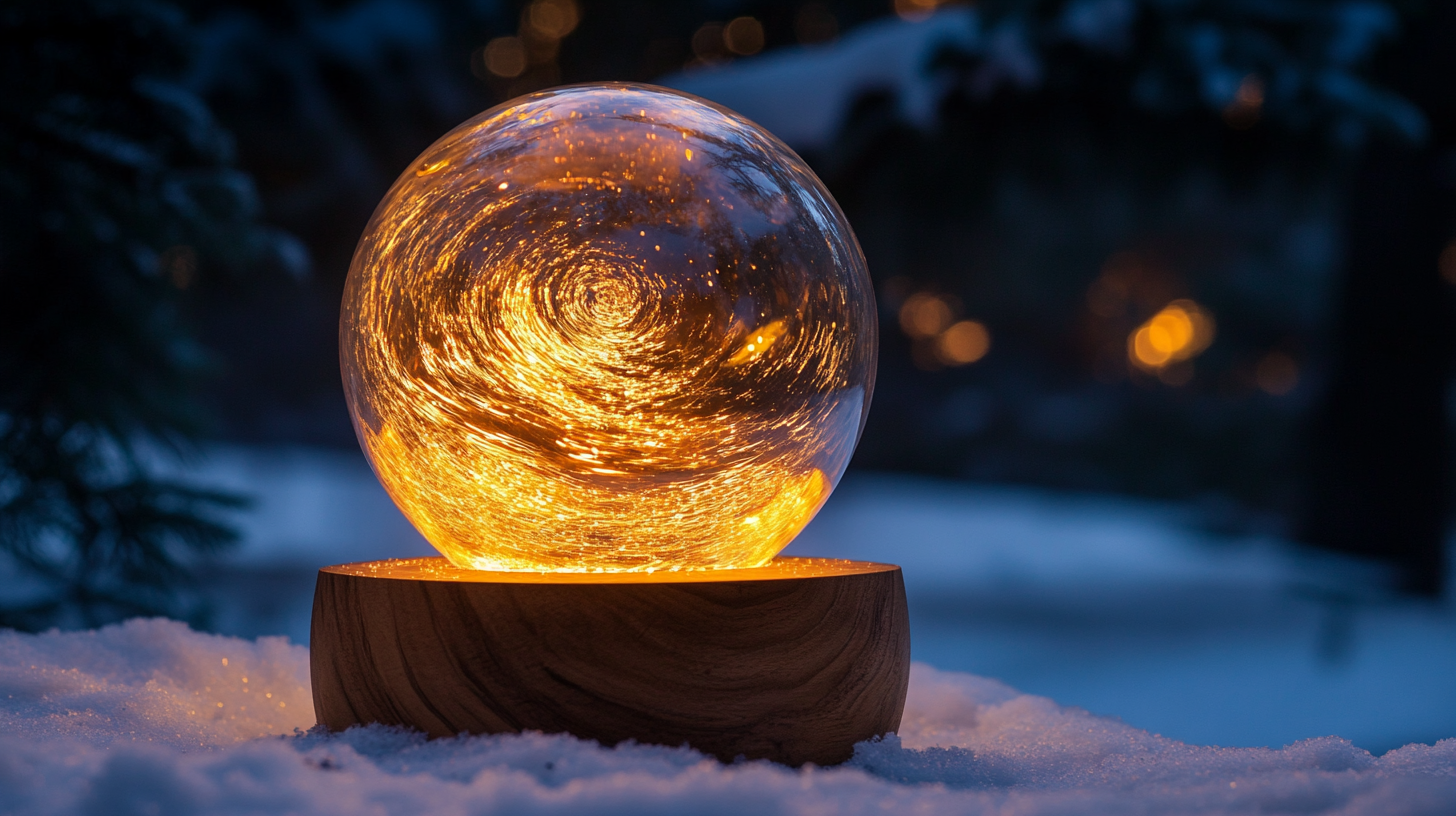 A Glowing Snow Globe in Nighttime Pine Forest