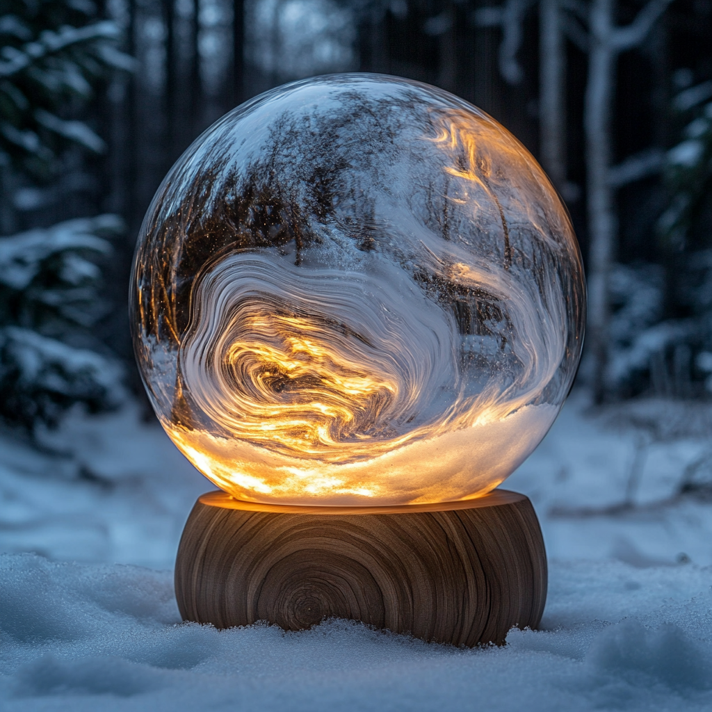 A Glowing Snow Globe in a Pine Forest