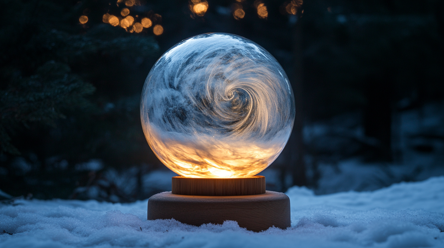 A Glowing Snow Sphere in Nighttime Pine Forest