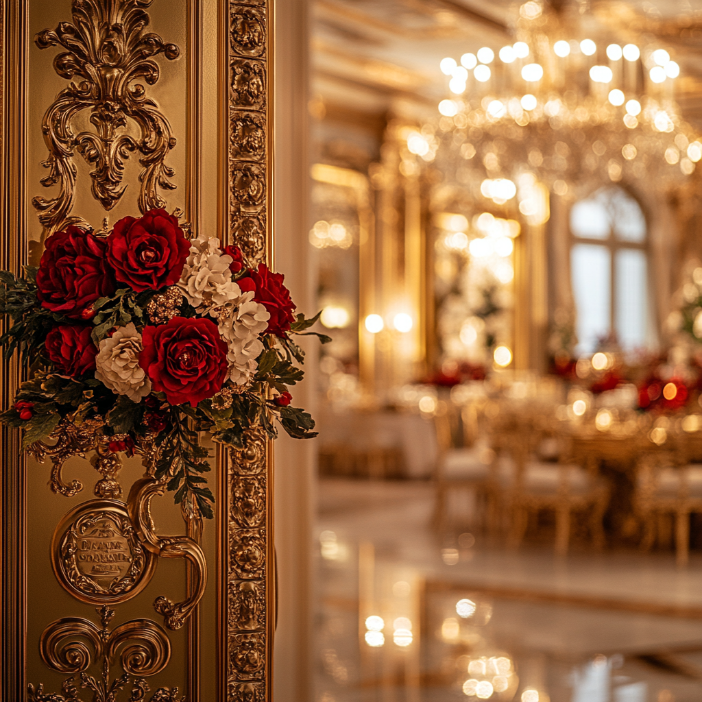 A Gold Door with an Ornate, Festive Room