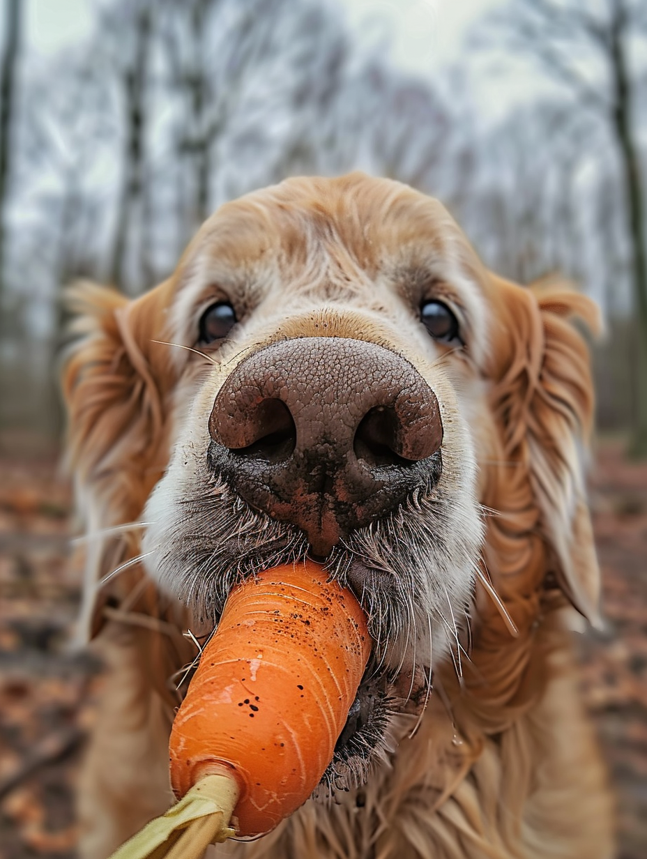 A Golden Retriever Holding a Carrot