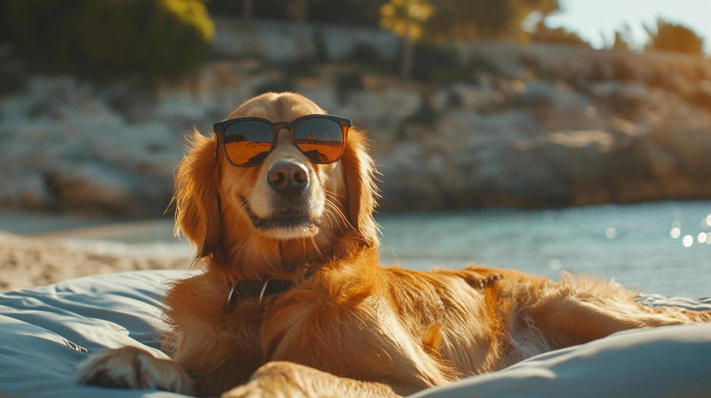 A Golden Retriever Relaxing on Beach Bed