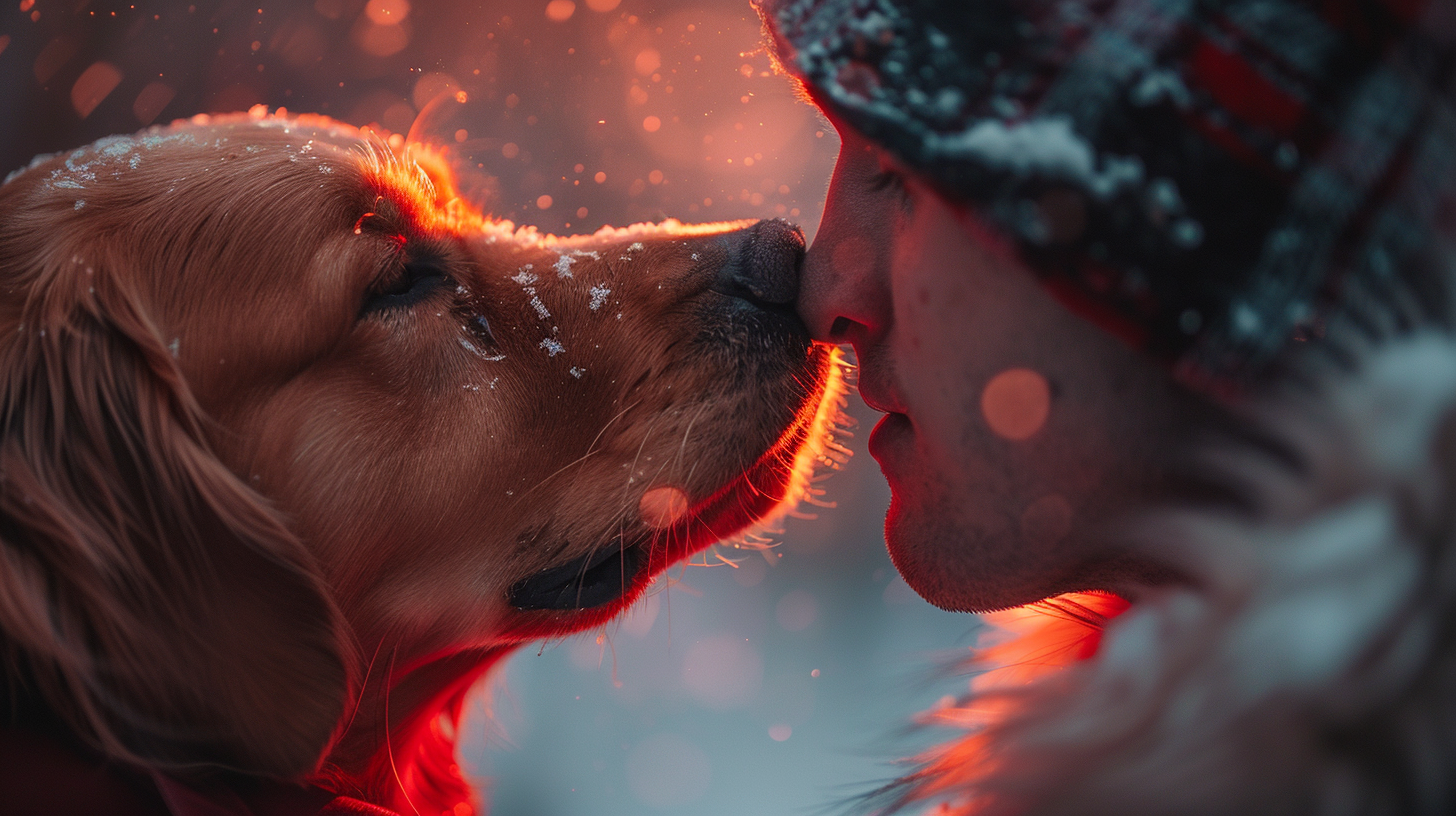 A Golden Retriever Smelling Someone's Breath