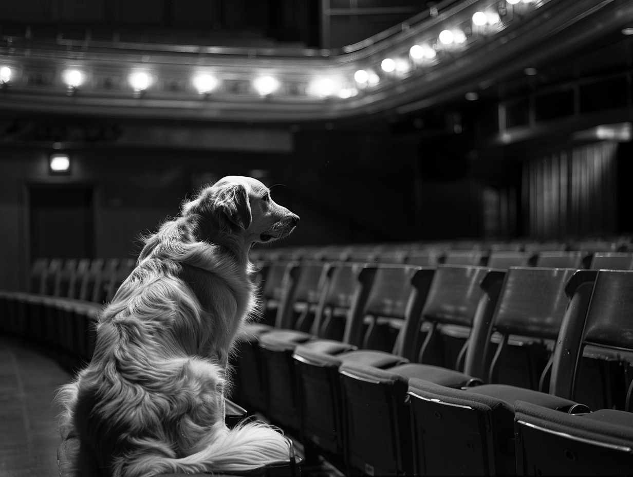 A Golden Retriever watching a quiet theater stage.