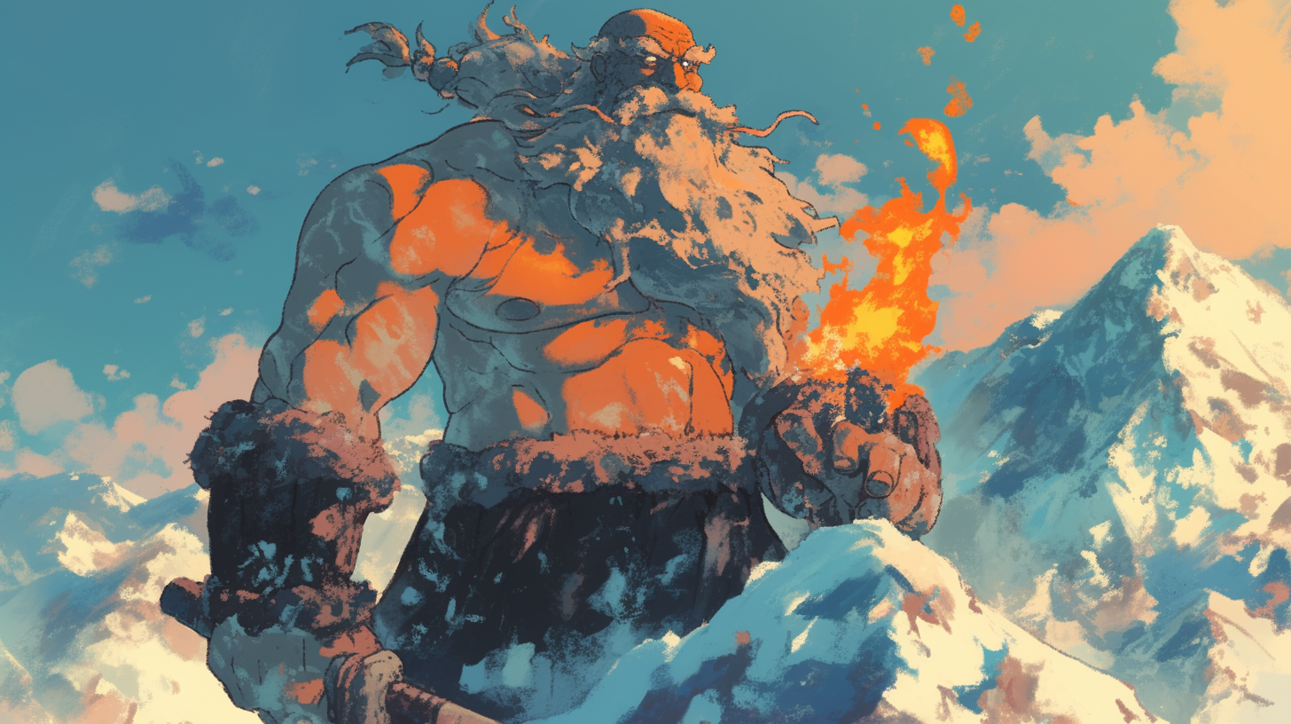 A Goliath on Mountain Peak with Flaming Sword