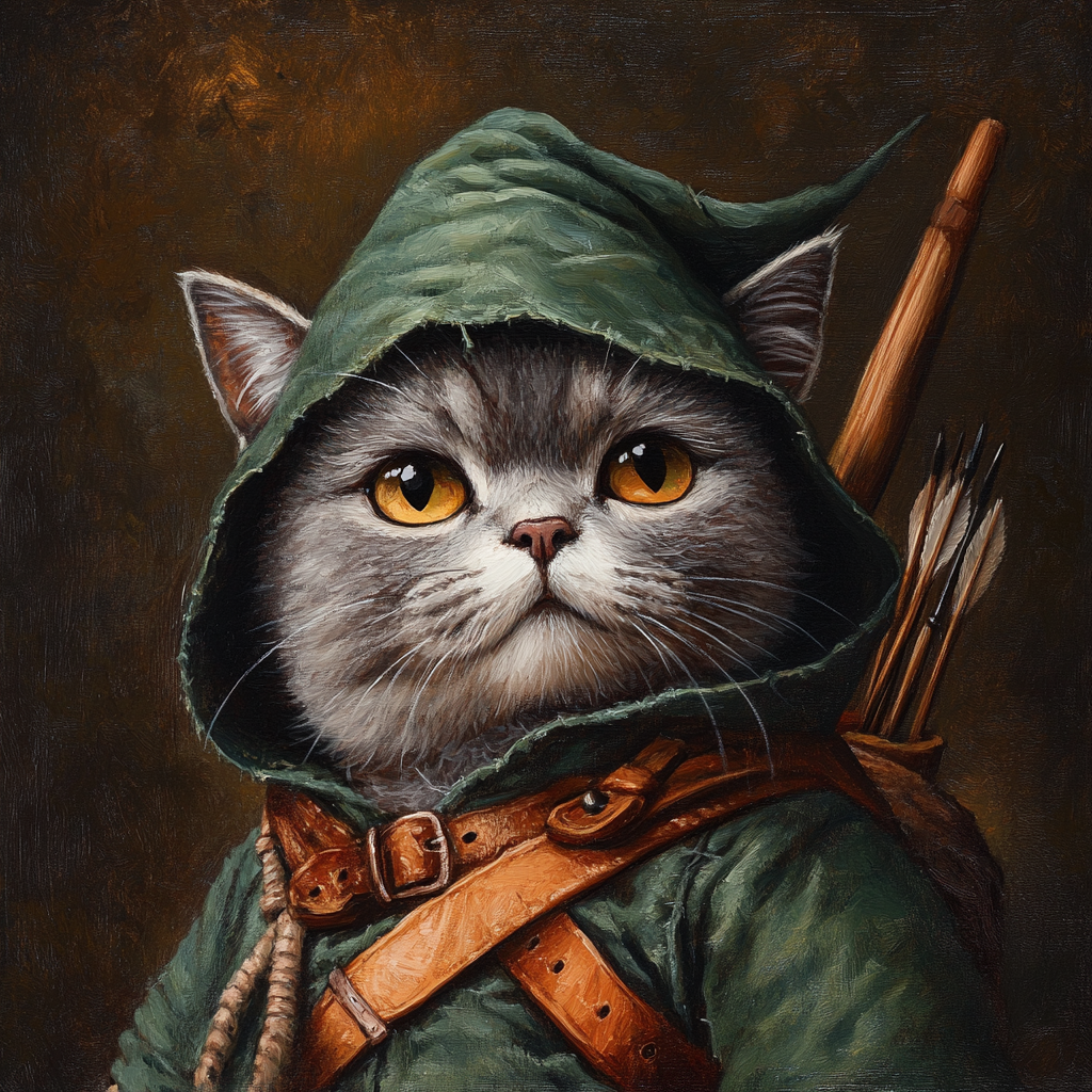 A Gray Cat Dressed as Robin Hood