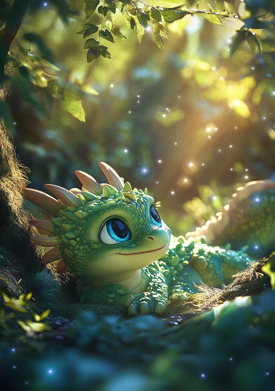 A Green Dragon with Blue Eyes in Forest