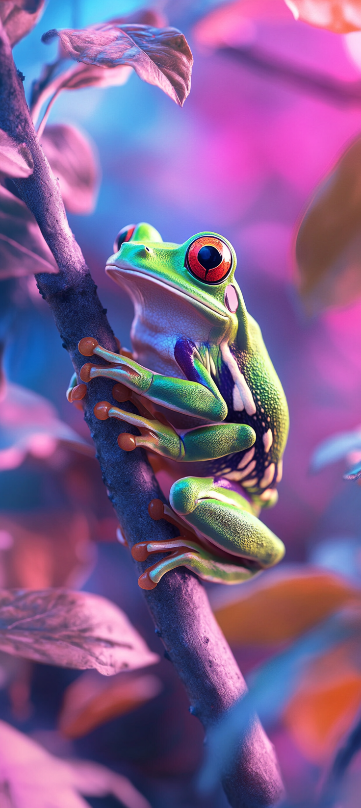 A Green Frog on Branch with Colorful Background