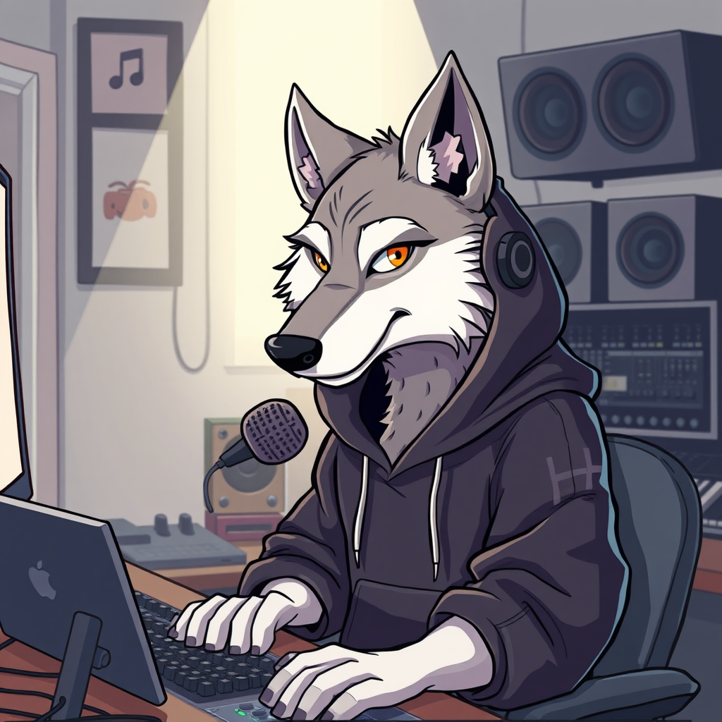 A Grey Wolf Producing Lofi Music at Home