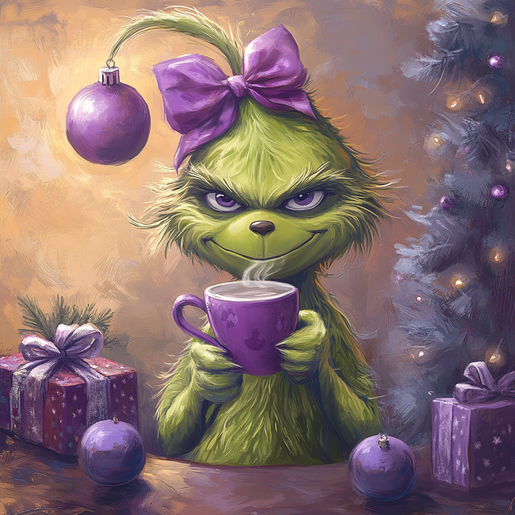 A Grinch with Purple Bow Celebrating Christmas Cheer