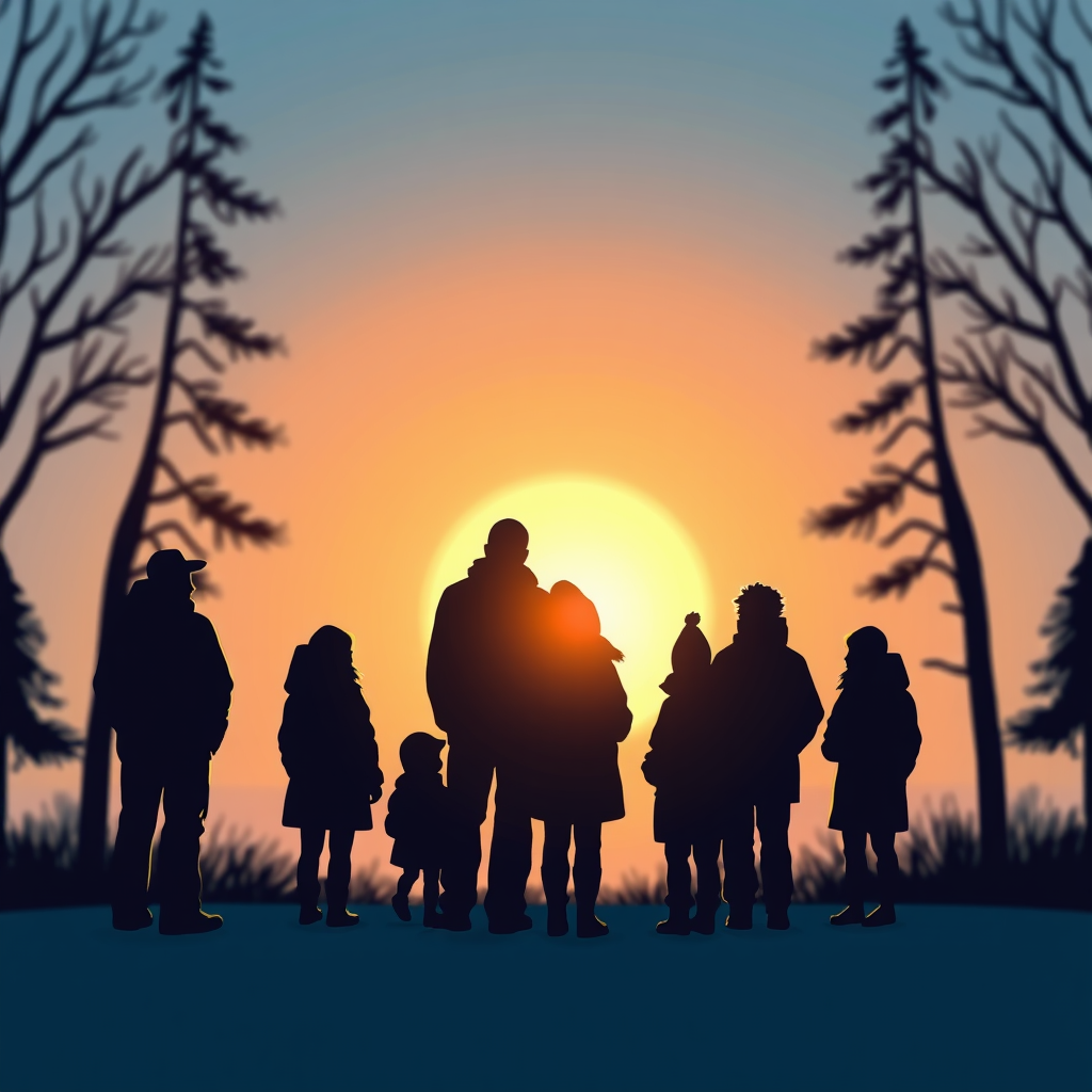 A Group Observing Sunrise in Wintery Forest