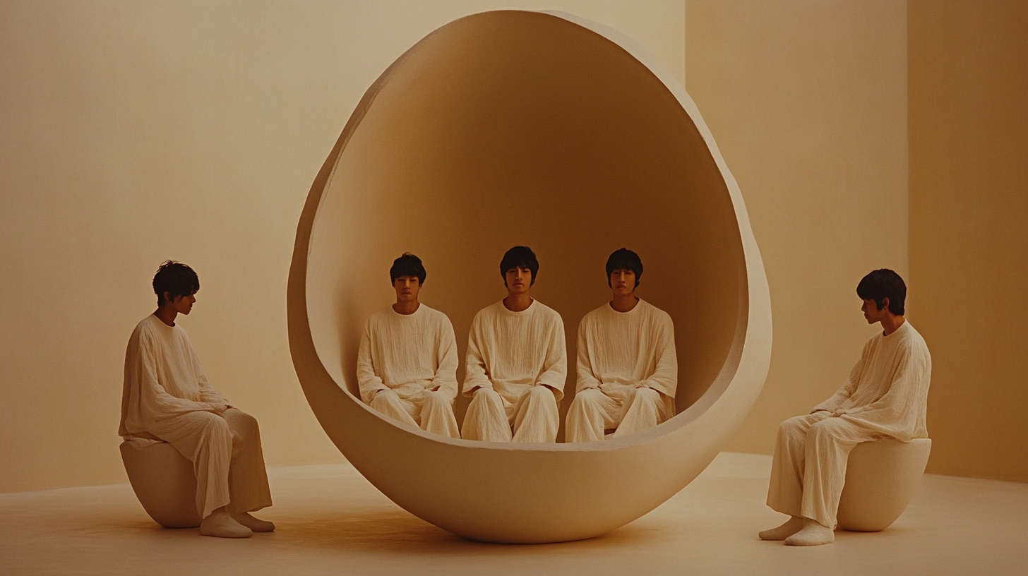 A Group of Men Sitting in Abstract Creamy Space