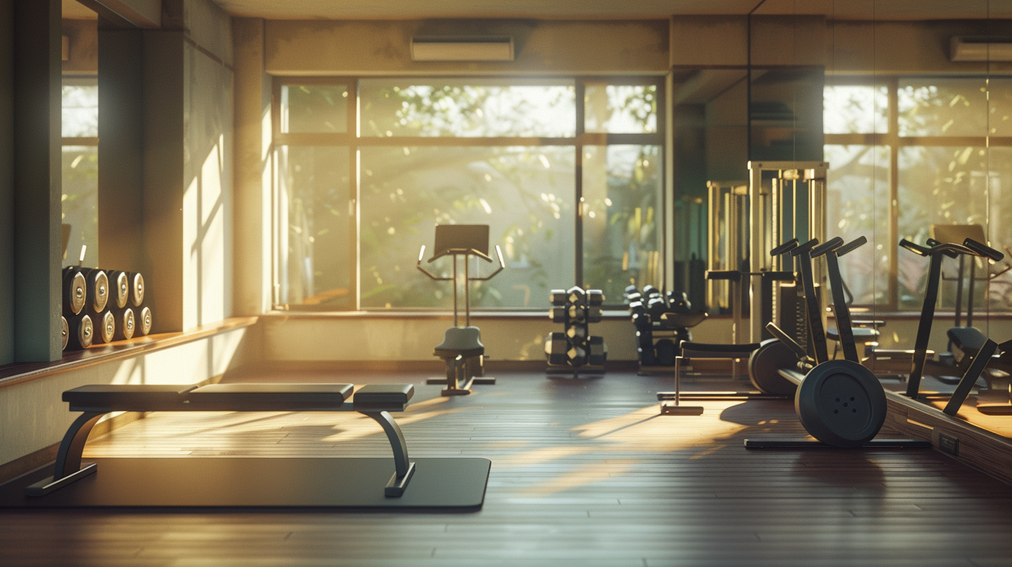 A Gym with Equipment and Mirrors in Warm Tones