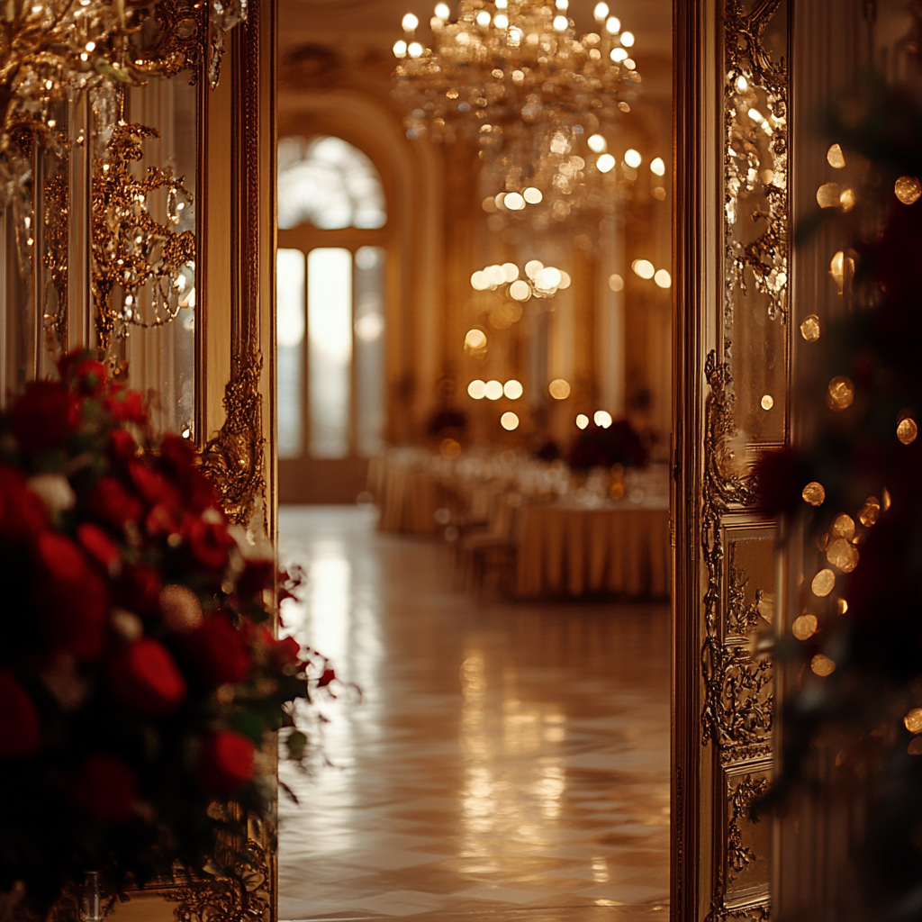 A Half-Opened Gold Door Revealing Festive Room