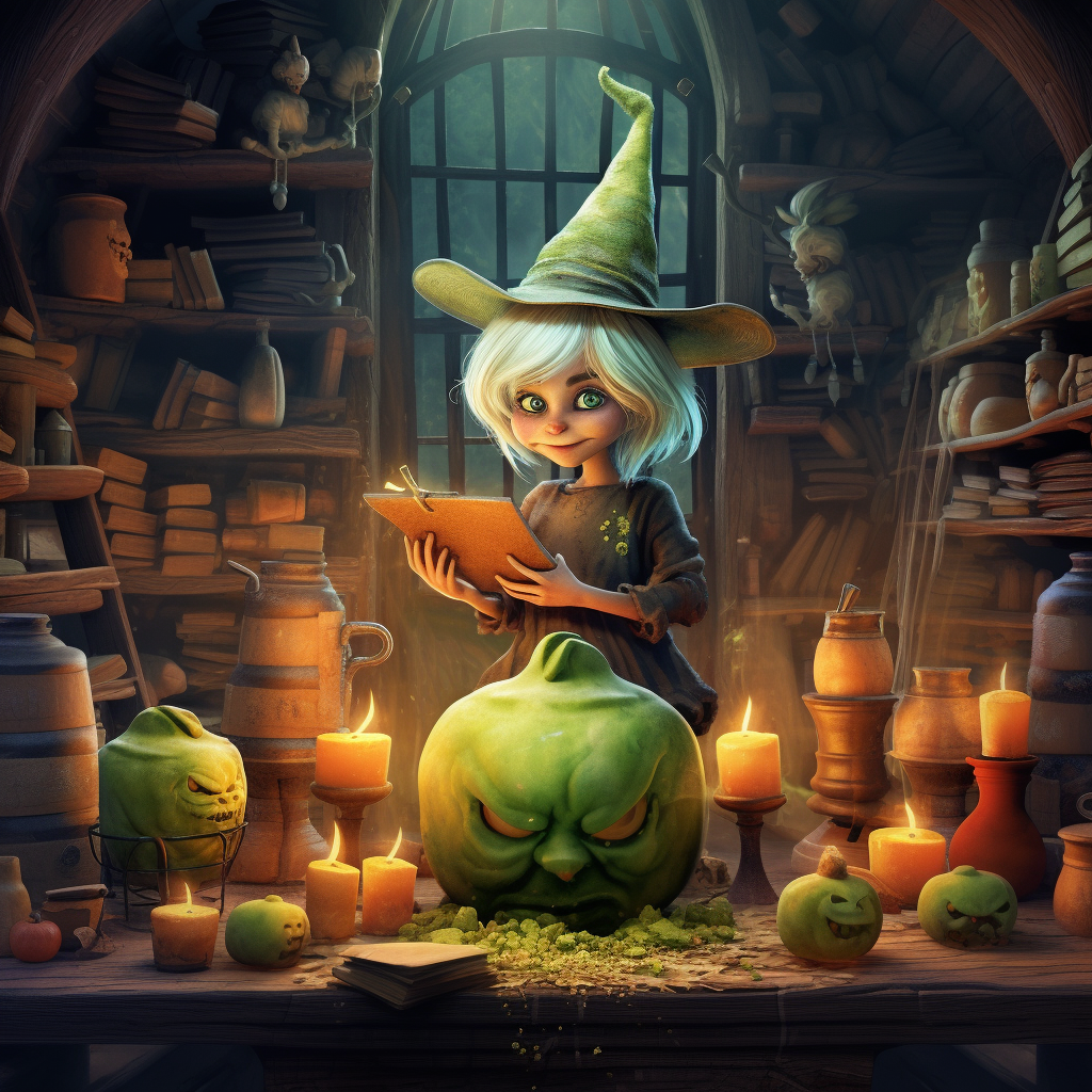 A Halloween witch brewing a bubbling potion.