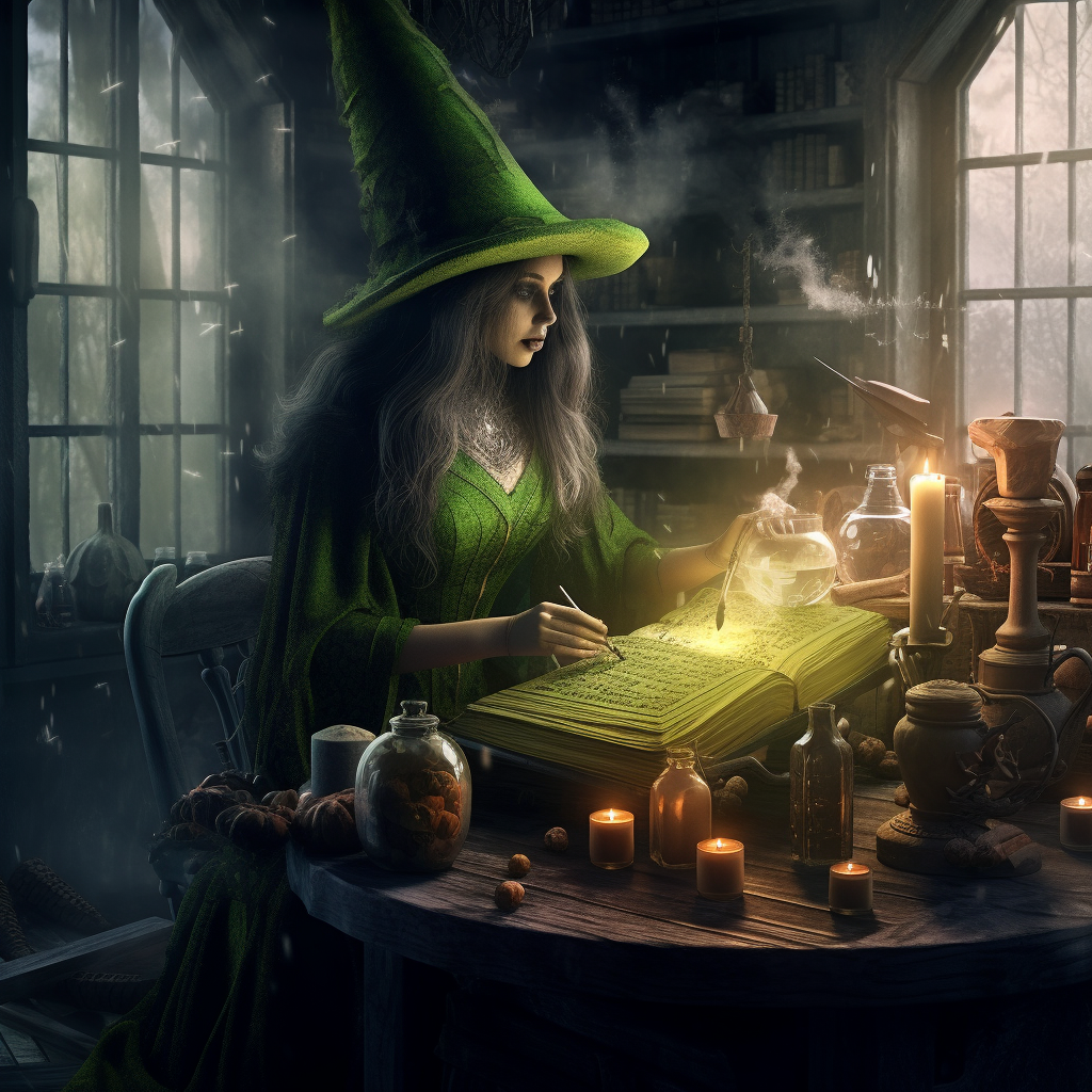 A Halloween witch making potion in spooky house.