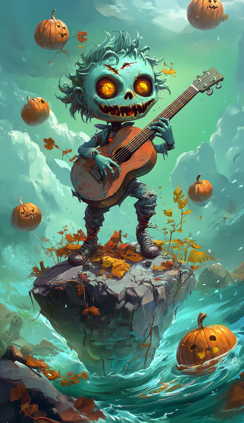 A Halloween zombie plays guitar on island