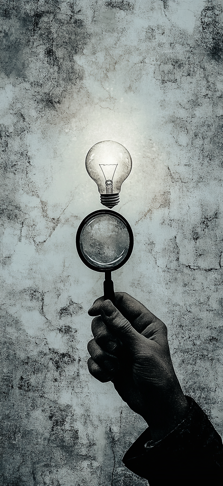 A Hand Holding Magnifying Glass with Floating Light Bulb