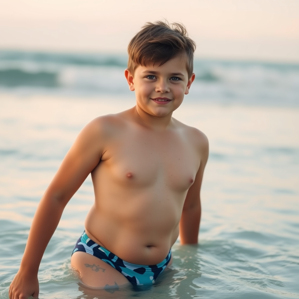 A Handsome 13-Year-Old Boy Models at Beach.